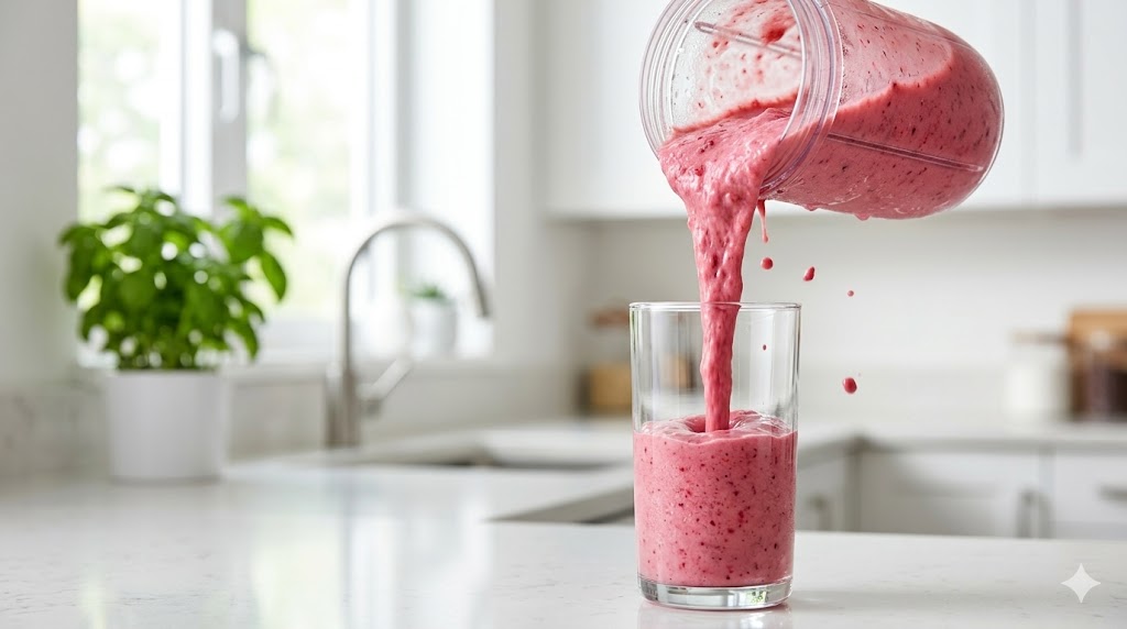 Banana berry smoothie being poured into a clear glass with a thick creamy texture