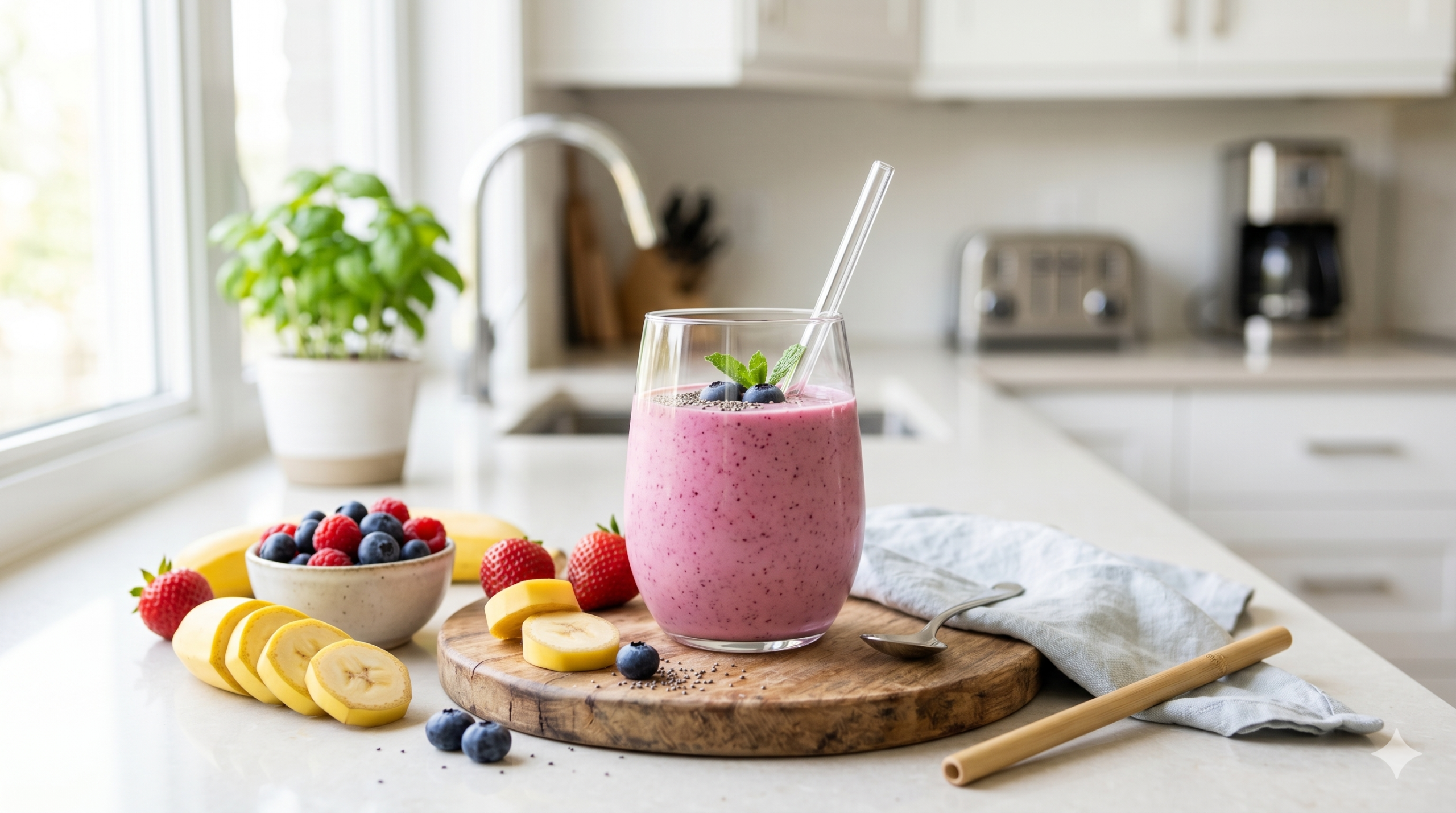 Fresh banana and berry smoothie in a clear glass on a kitchen counter