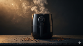 An artistic and aesthetic professional photography shot of a modern black air fryer emitting gentle wisps of white smoke, illustrating the 'air fryer smoking' issue.