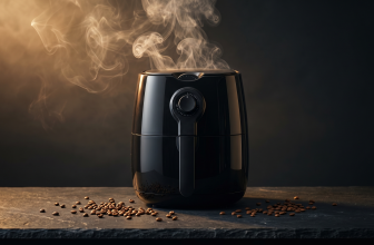 An artistic and aesthetic professional photography shot of a modern black air fryer emitting gentle wisps of white smoke, illustrating the 'air fryer smoking' issue.