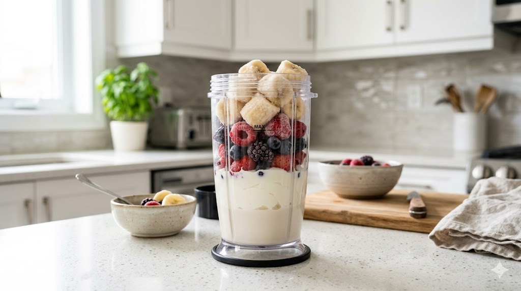 Banana chunks, frozen berries, yogurt, and almond milk inside a personal blender cup before blending